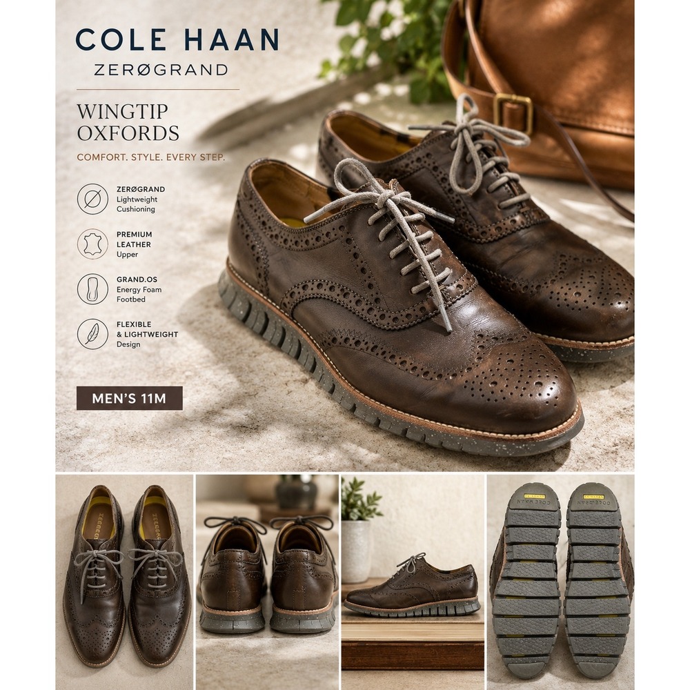 Cole Haan ZerøGrand Wingtip Oxford Shoes Brown Leather Comfort 11M